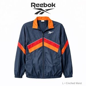Vintage Reebok Navy Jacket with Red and Orange Stripes